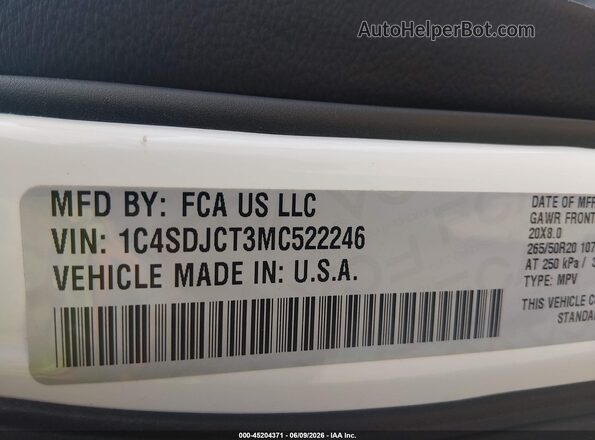1C4SDJCT3MC522246 2021 DODGE DURANGO White ძრავის განყოფილების ხედი