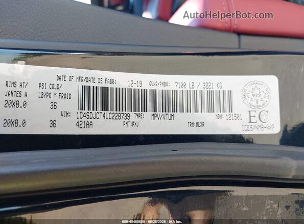 1C4SDJCT4LC228739 2020 DODGE DURANGO Black ძრავის განყოფილების ხედი