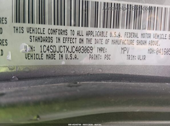 1C4SDJCTXJC403069 2018 DODGE DURANGO Серый Вид подкапотного пространства