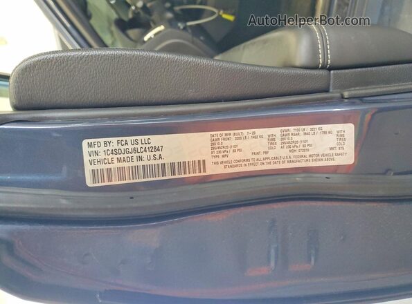 1C4SDJGJ6LC412847 2020 DODGE DURANGO Blue Widok wnętrza 360 stopni