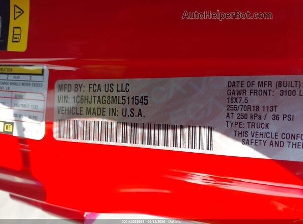 1C6HJTAG8ML511545 2021 JEEP GLADIATOR Red Vista del compartimento del motor
