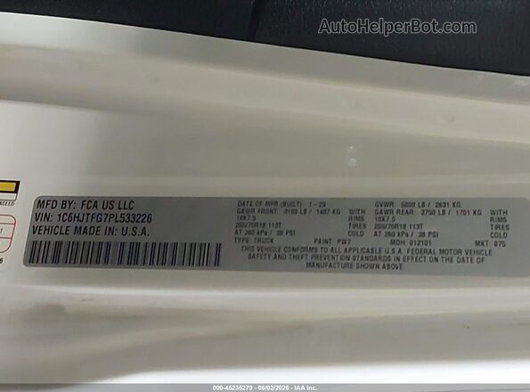1C6HJTFG7PL533226 2023 JEEP GLADIATOR White Widok komory silnika