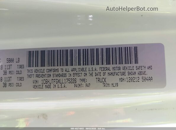 1C6HJTFGXLL175226 2020 JEEP GLADIATOR White 