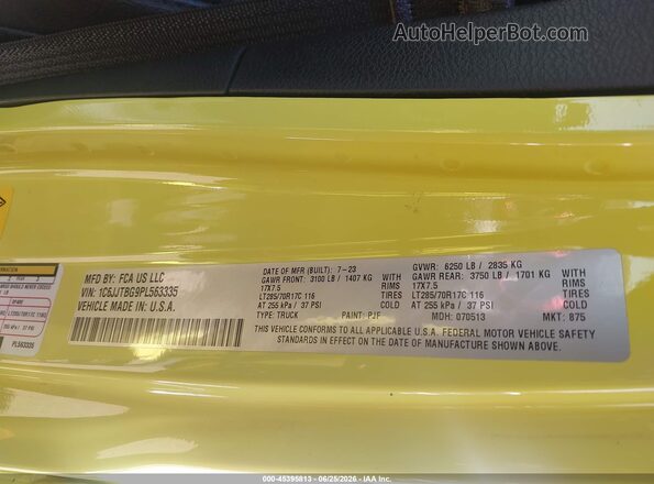 1C6JJTBG9PL563335 2023 JEEP GLADIATOR Yellow Widok komory silnika