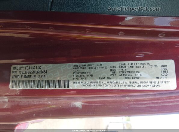 1C6JJTEG5ML615454 2021 JEEP GLADIATOR Red Vista del compartimento del motor