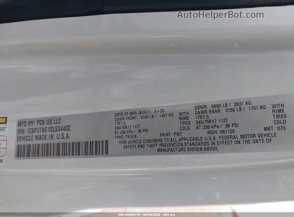 1C6PJTAG1SL534402 2025 JEEP GLADIATOR White Շարժիչի բաժամունքի տեսք