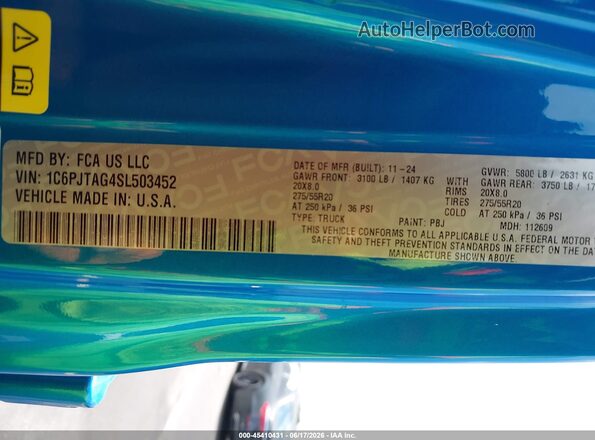 1C6PJTAG4SL503452 2025 JEEP GLADIATOR Blue Widok komory silnika