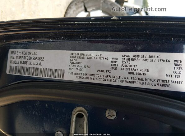 1C6RR6FG0MS580632 2021 RAM 1500 CLASSIC Blue Շարժիչի բաժամունքի տեսք