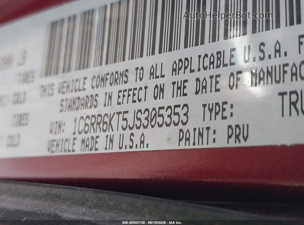 1C6RR6KT5JS305353 2018 RAM 1500 Burgundy 