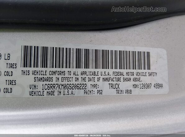 1C6RR7KM0GS206222 2016 RAM 1500 Silver Engine compartment view