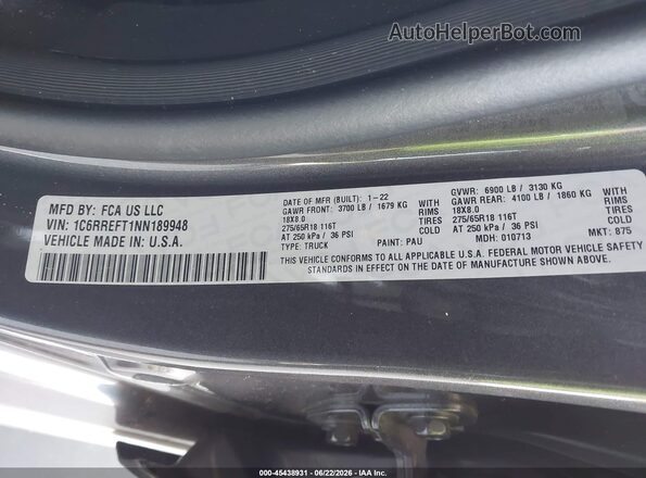 1C6RREFT1NN189948 2022 RAM 1500 Gray Vista del compartimento del motor