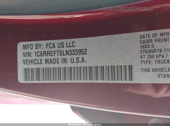 1C6RREFT5LN333952 2020 RAM 1500 Maroon ძრავის განყოფილების ხედი