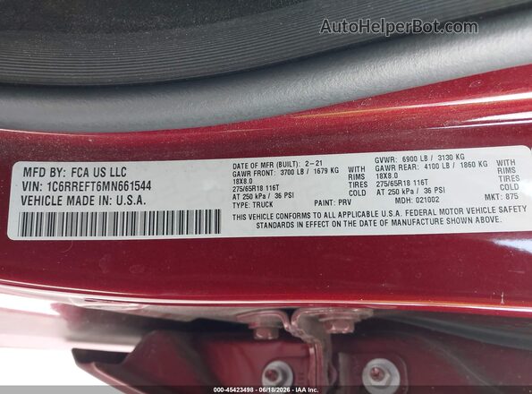 1C6RREFT6MN661544 2021 RAM 1500 Maroon Widok komory silnika