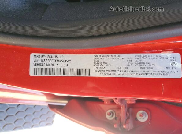 1C6RREFTXMN544582 2021 RAM 1500 Red VIN կոդի պիտակի տեսք