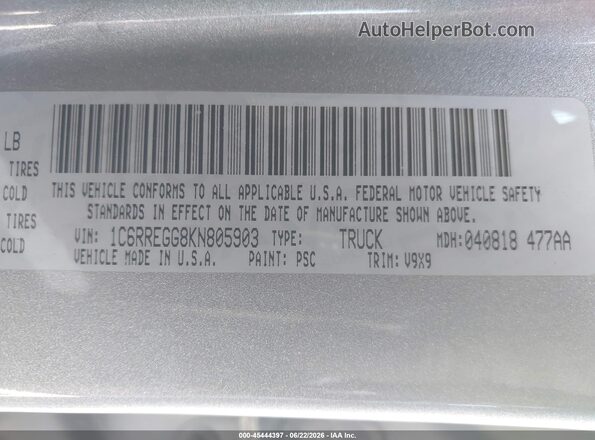 1C6RREGG8KN805903 2019 RAM 1500 Серебряный Вид подкапотного пространства