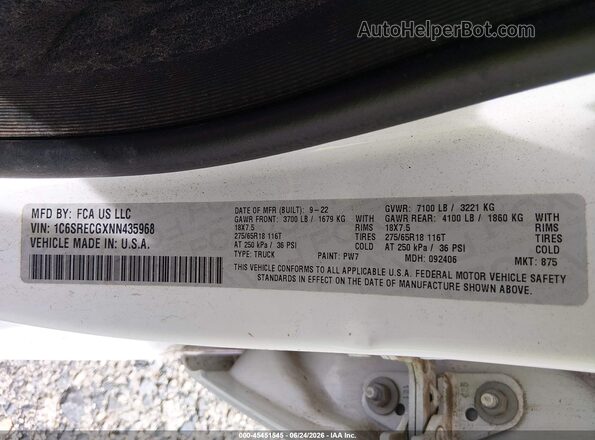 1C6SRECGXNN435968 2022 RAM 1500 White Вид підкапотного простору