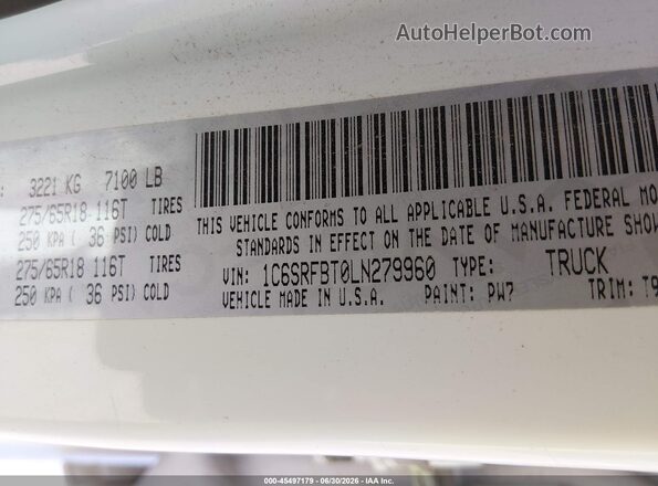 1C6SRFBT0LN279960 2020 RAM 1500 White ძრავის განყოფილების ხედი