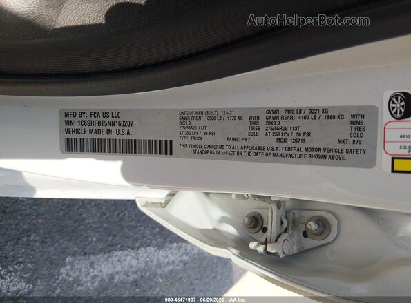 1C6SRFBT5NN160207 2022 RAM 1500 White Вид підкапотного простору