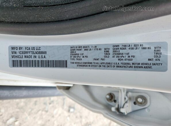 1C6SRFFT0LN388669 2020 RAM 1500 White Vista de la etiqueta del VIN