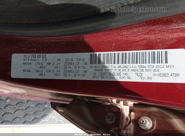 1C6SRFFT3KN561485 2019 RAM 1500 Red ძრავის განყოფილების ხედი