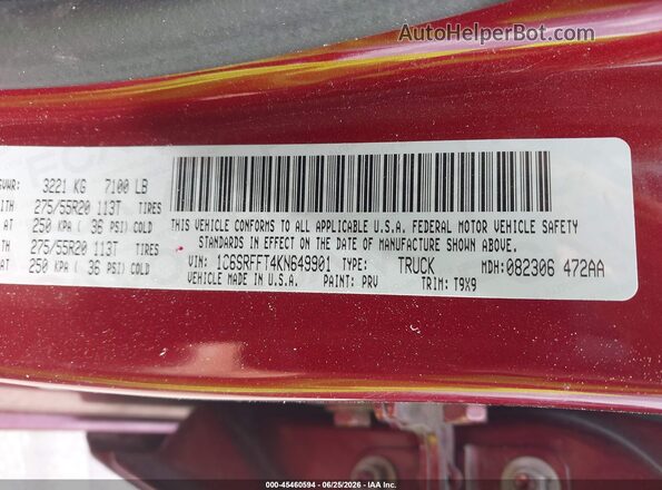 1C6SRFFT4KN649901 2019 RAM 1500 Red Engine compartment view