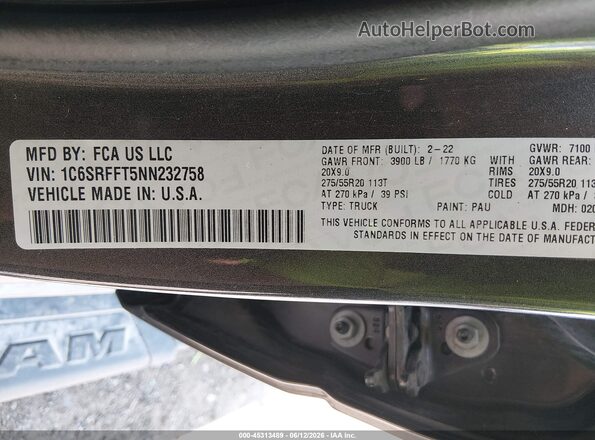 1C6SRFFT5NN232758 2022 RAM 1500 Серый Вид подкапотного пространства