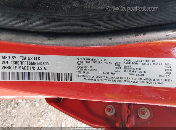 1C6SRFFT6MN694809 2021 RAM 1500 Красный Вид подкапотного пространства