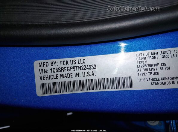 1C6SRFGP9TN224533 2026 RAM 1500 Blue Vista del compartimento del motor