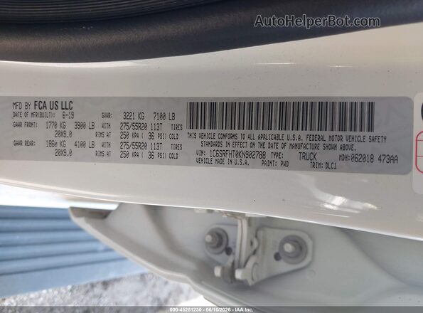 1C6SRFHT0KN902788 2019 RAM 1500 White Vista del compartimento del motor