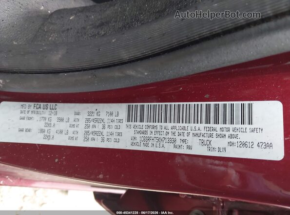 1C6SRFHT5KN713330 2019 RAM 1500 Maroon Vista del compartimento del motor