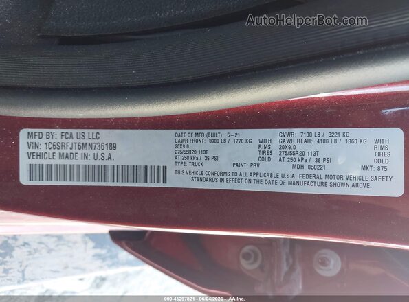 1C6SRFJT6MN736189 2021 RAM 1500 Maroon Widok komory silnika