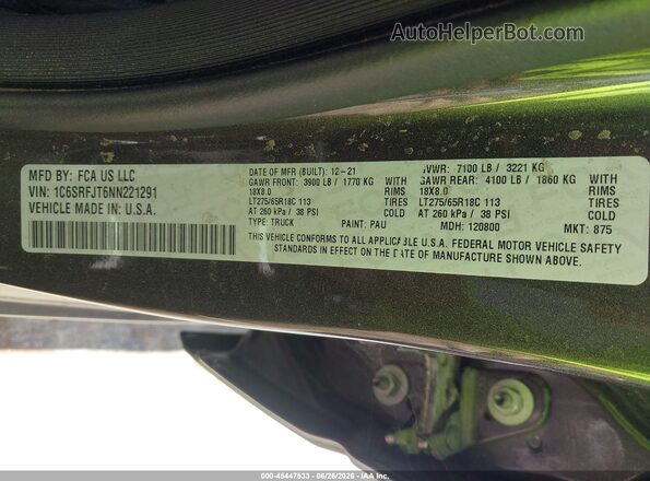 1C6SRFJT6NN221291 2022 RAM 1500 Gray Engine compartment view
