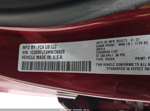 1C6SRFJT8MN736629 2021 RAM 1500 Бордовый Вид подкапотного пространства