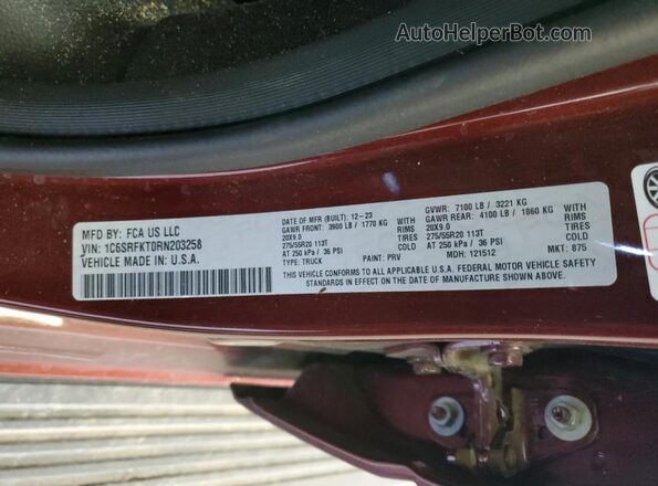 1C6SRFKT0RN203258 2024 RAM 1500 Burgundy Вид підкапотного простору