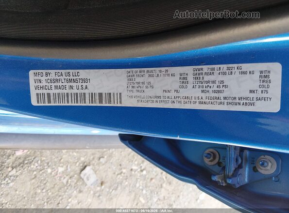 1C6SRFLT6MN573931 2021 RAM 1500 Blue Vista del compartimento del motor
