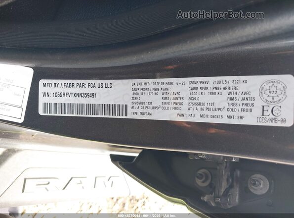 1C6SRFVTXNN359491 2022 RAM 1500 Gray ძრავის განყოფილების ხედი