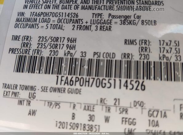 1FA6P0H70G5114526 2016 FORD FUSION White Vista del compartimento del motor