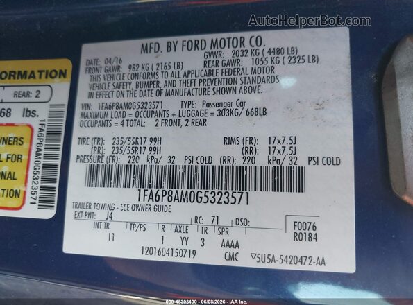 1FA6P8AM0G5323571 2016 FORD MUSTANG Blue Engine compartment view