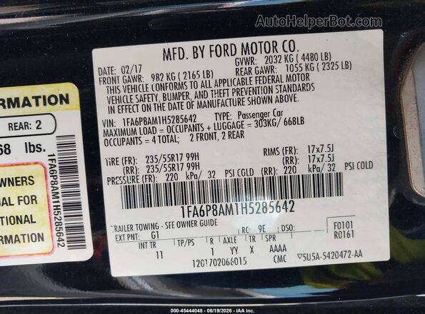 1FA6P8AM1H5285642 2017 FORD MUSTANG Черный 
