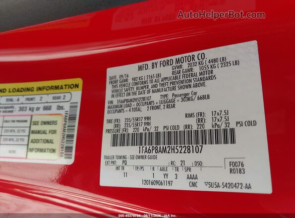 1FA6P8AM2H5228107 2017 FORD MUSTANG Red Widok komory silnika