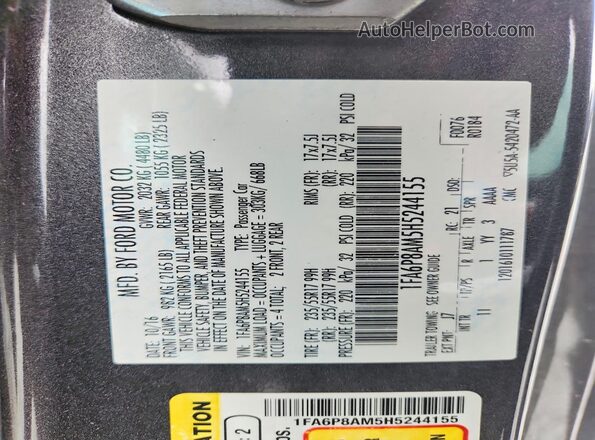 1FA6P8AM5H5244155 2017 FORD MUSTANG Gray 