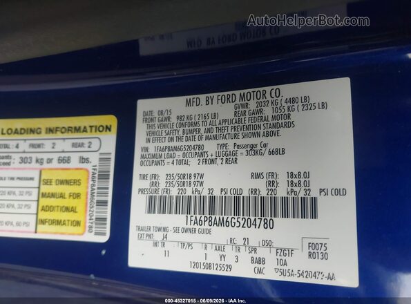 1FA6P8AM6G5204780 2016 FORD MUSTANG Blue Vista del compartimento del motor