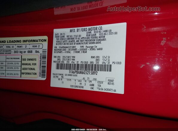 1FA6P8AM6G5215892 2016 FORD MUSTANG Красный Вид подкапотного пространства
