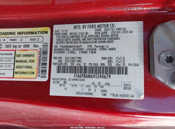 1FA6P8AM6H5244679 2017 FORD MUSTANG Red Vista de la etiqueta del VIN