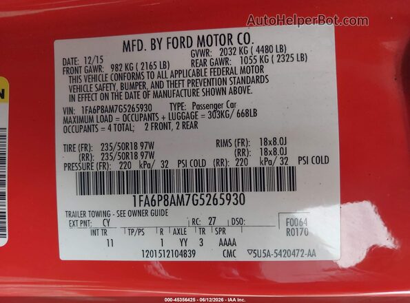 1FA6P8AM7G5265930 2016 FORD MUSTANG Orange ძრავის განყოფილების ხედი