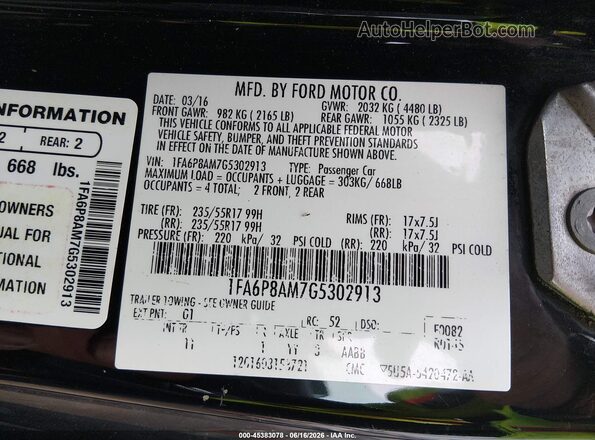 1FA6P8AM7G5302913 2016 FORD MUSTANG Black Widok komory silnika
