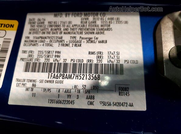1FA6P8AM7H5213568 2017 FORD MUSTANG Синий Вид подкапотного пространства