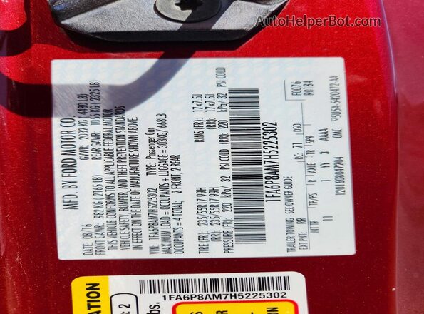 1FA6P8AM7H5225302 2017 FORD MUSTANG Red ძრავის განყოფილების ხედი