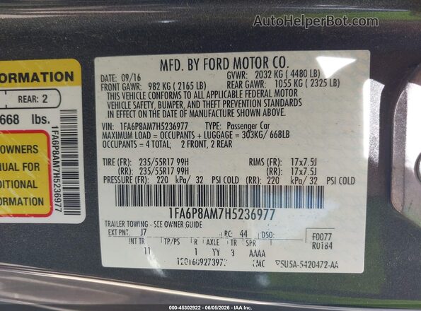 1FA6P8AM7H5236977 2017 FORD MUSTANG Gray Engine compartment view