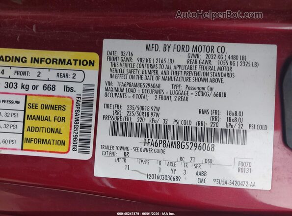 1FA6P8AM8G5296068 2016 FORD MUSTANG Red 